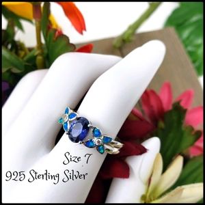New - Tanzanite Center Stone Flower Blue Lab Opal Ring Size 7